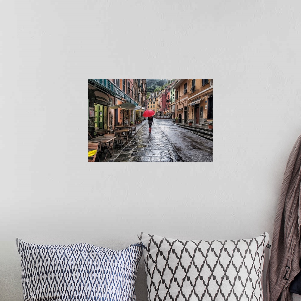 A bohemian room featuring Woman with red umbrella in the rain in Vernazza, Italy