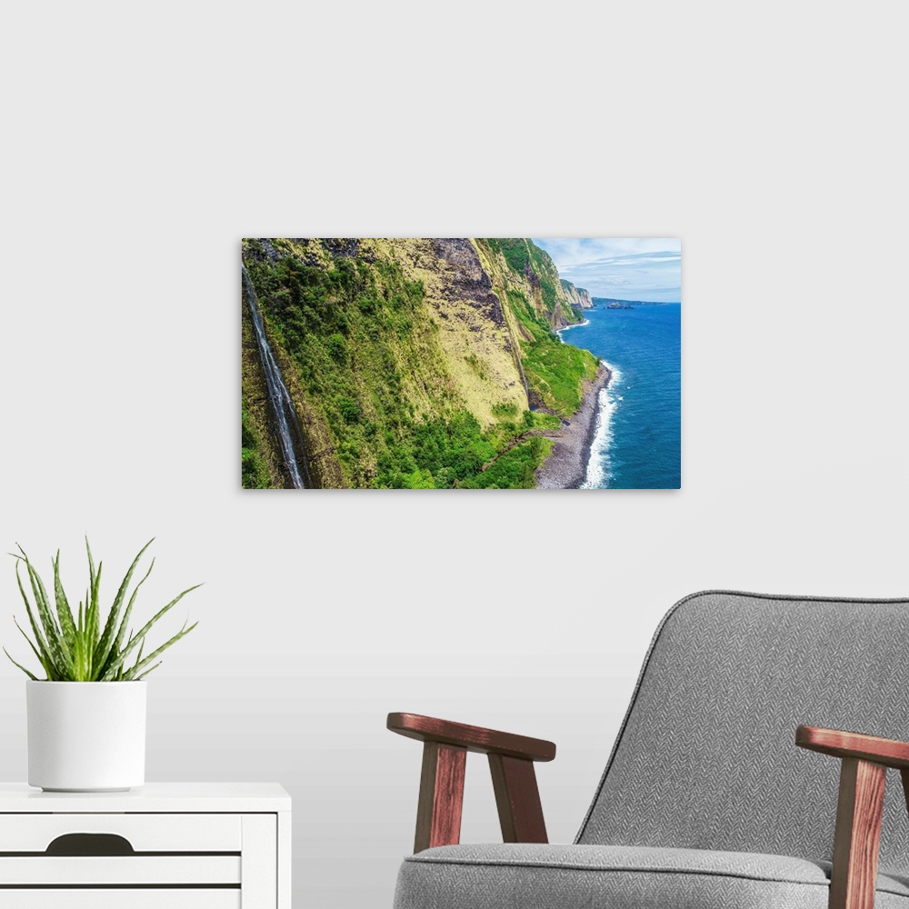 A modern room featuring Aerial photograph of a waterfall on the north east shore of Hawaii's big island