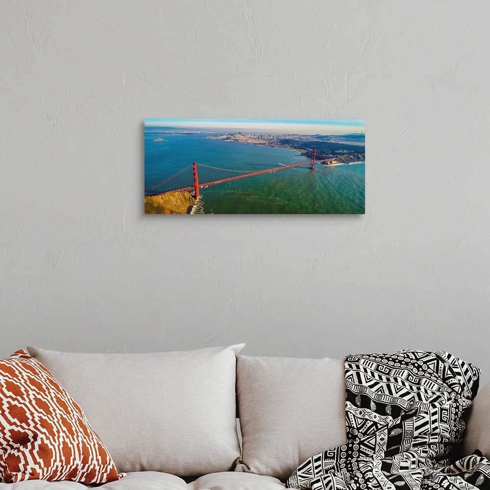 A bohemian room featuring Aerial view of the iconic golden gate bridge near San Francisco. Location: San Francisco, Califor...