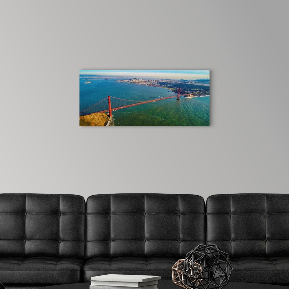 A modern room featuring Aerial view of the iconic golden gate bridge near San Francisco. Location: San Francisco, Califor...