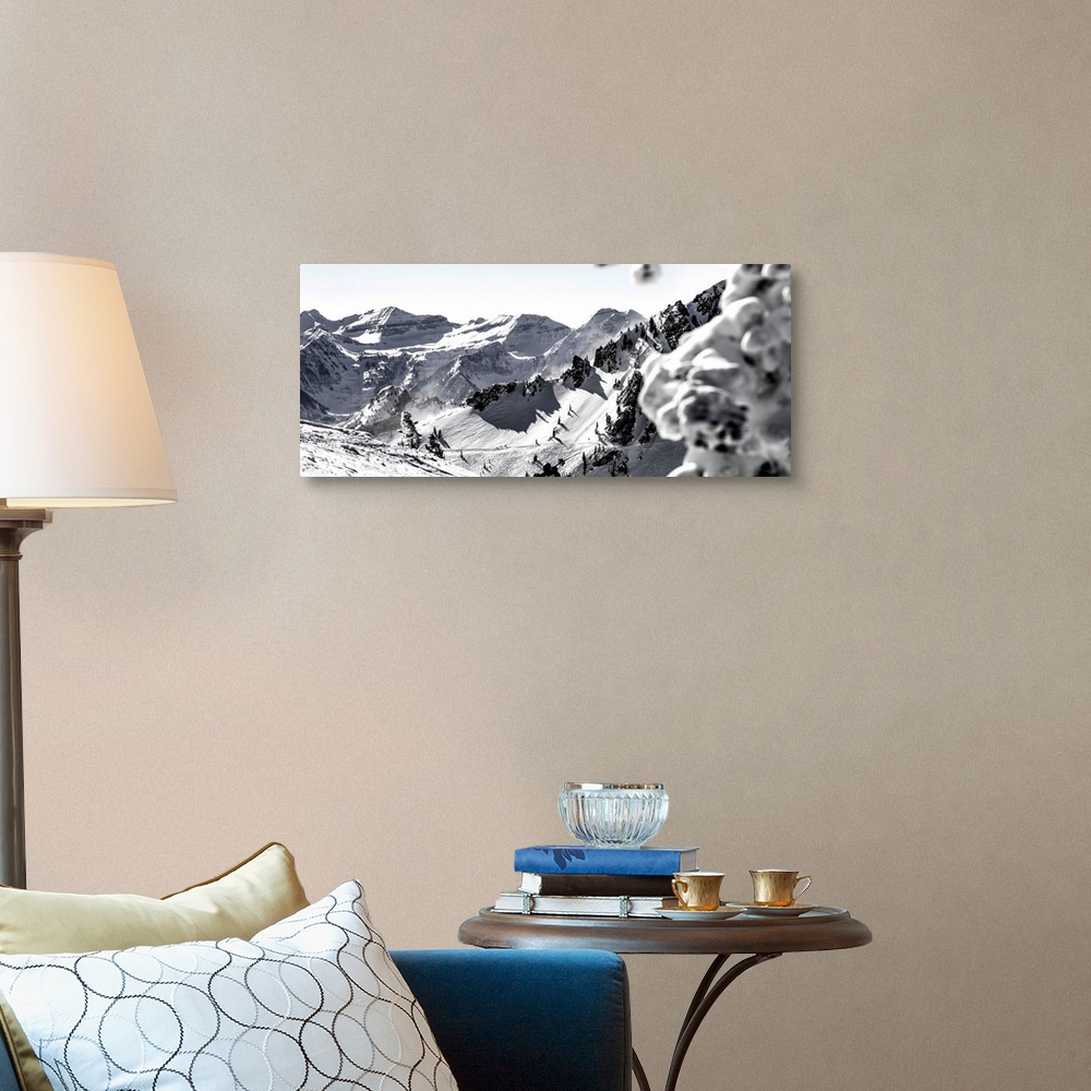 A traditional room featuring Black and white landscape photograph of the Wasatch Range in Utah with a skier hiking up in the m...