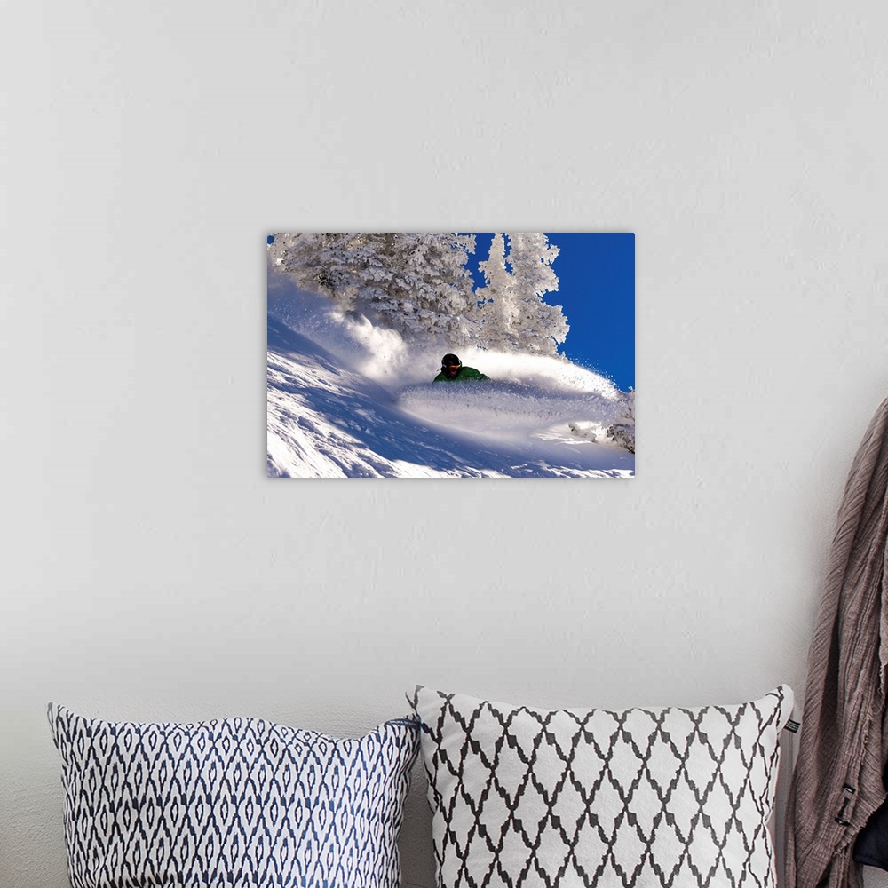 A bohemian room featuring Action shot of a snowboarding carving down the Wasatch Range in Utah.