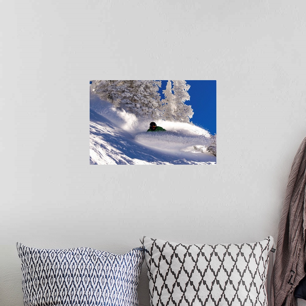 A bohemian room featuring Action shot of a snowboarding carving down the Wasatch Range in Utah.