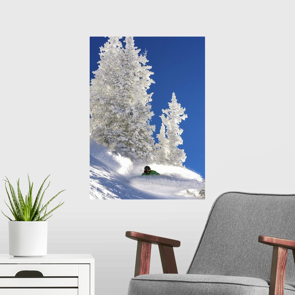 A modern room featuring Action shot of a snowboarding carving down the Wasatch Range in Utah.