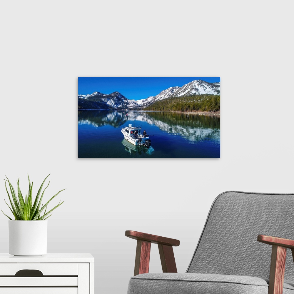 A modern room featuring Dead calm waters on a winter morning, Lake Tahoe, Ca