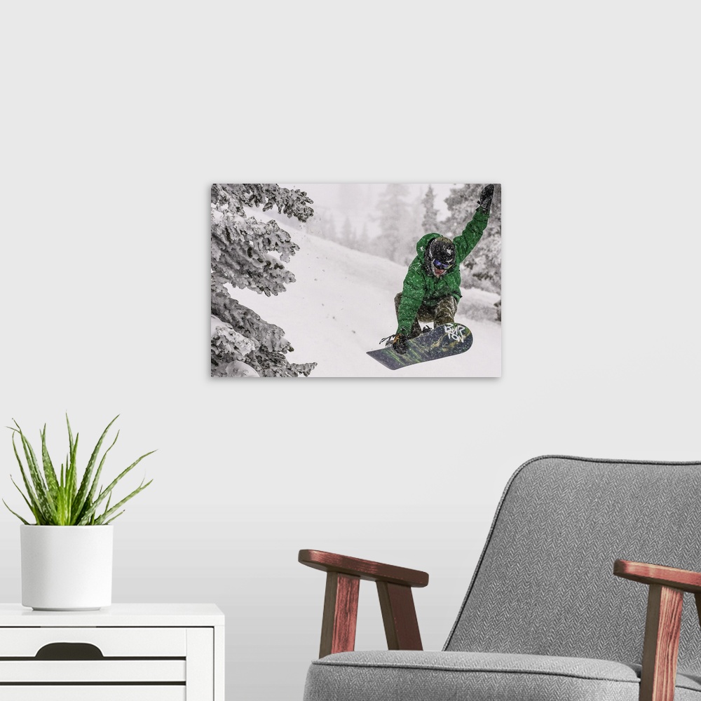 A modern room featuring Action shot of a snowboarding doing and Indy during snowfall on the Wasatch Range.