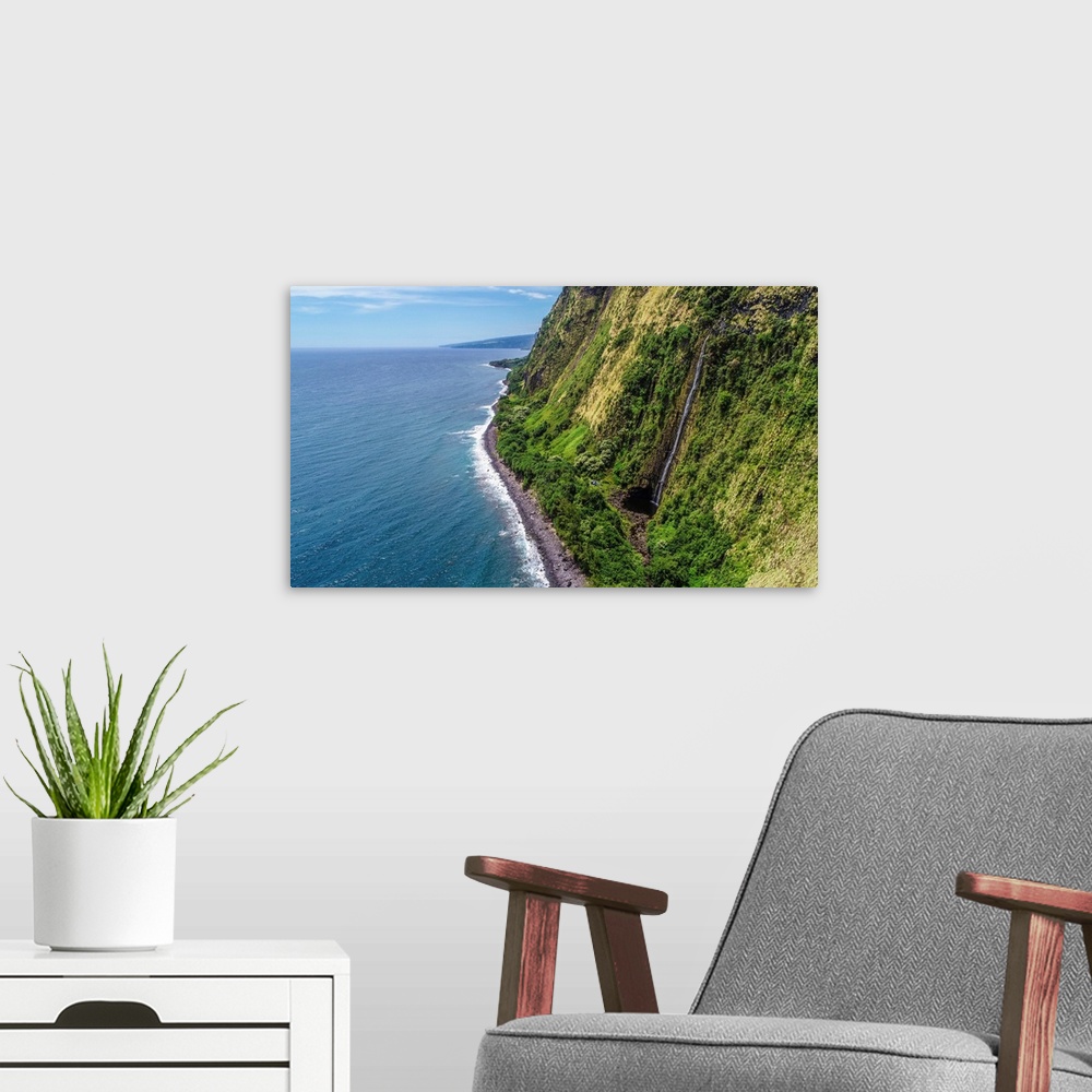 A modern room featuring Big Island Hawaii. Looking south towards the waterfalls along the big island's northeastern shore.