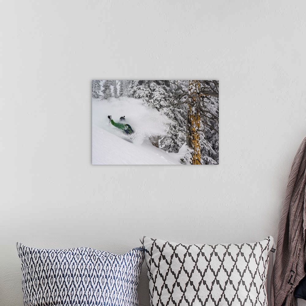 A bohemian room featuring Action photograph of a snowboarding shredding down the Wasatch Range in Utah.