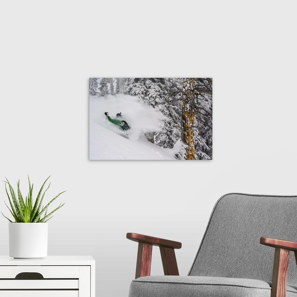 A modern room featuring Action photograph of a snowboarding shredding down the Wasatch Range in Utah.