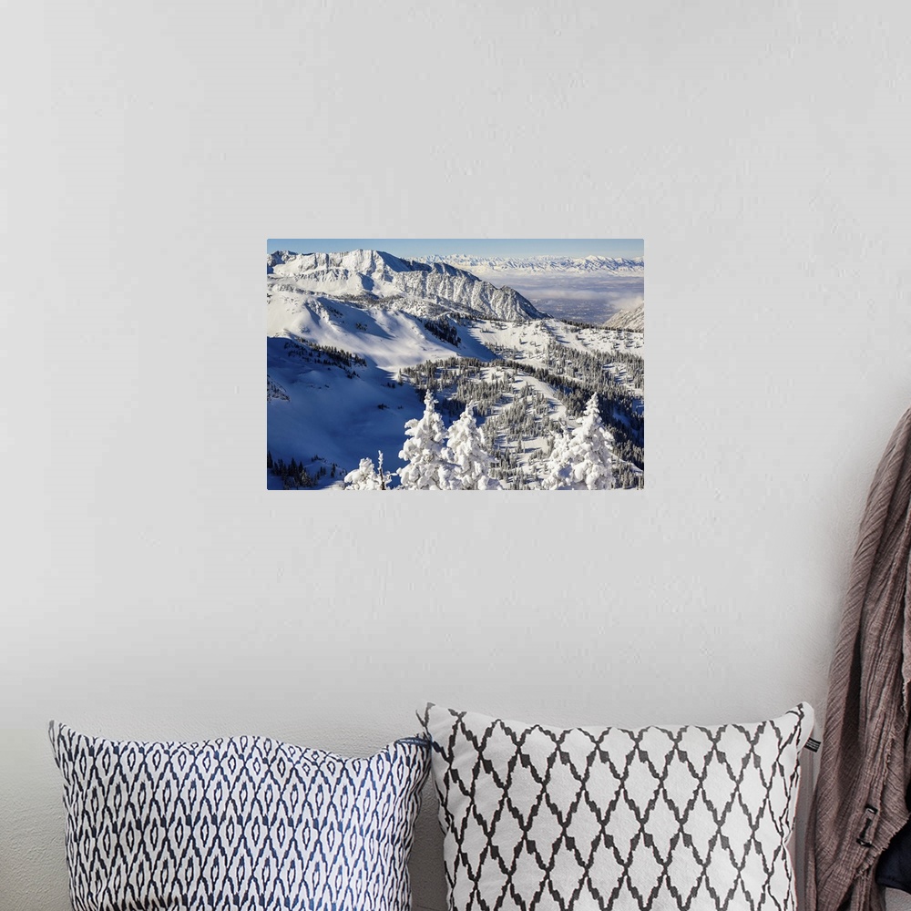 A bohemian room featuring Landscape photograph of the snow covered Wasatch Range in Utah.