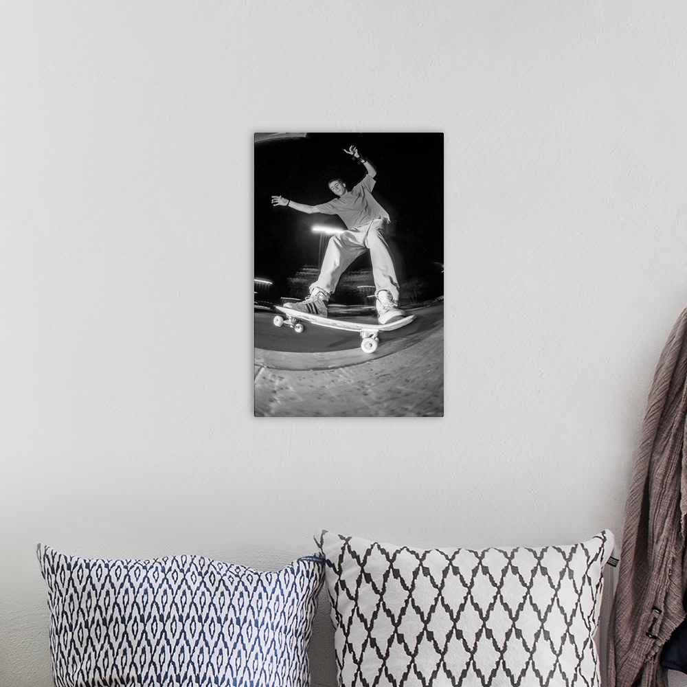 A bohemian room featuring Vintage photo of legendary actor Jason Lee, was also an insane skateboarder. Photo may have a fil...