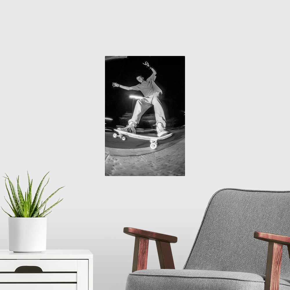 A modern room featuring Vintage photo of legendary actor Jason Lee, was also an insane skateboarder. Photo may have a fil...
