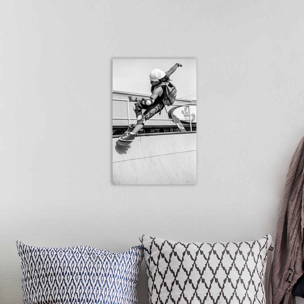 A bohemian room featuring Vintage photo of legendary skateboarder Christian Hosoi, shot in la in 1988. Photo may have a fil...