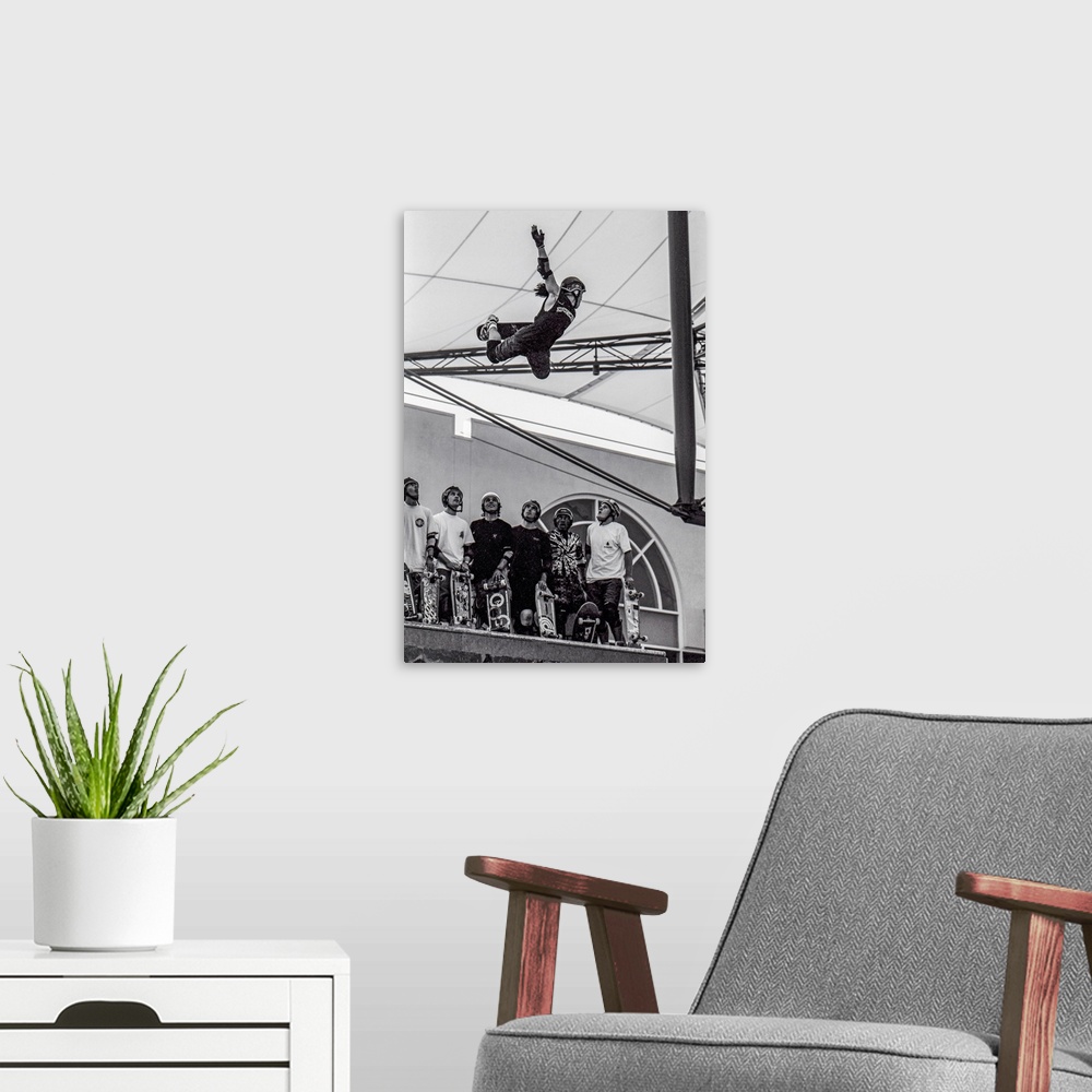 A modern room featuring Vintage photo of legendary skateboarder Christian Hosoi, shot in la in 1988. Photo may have a fil...