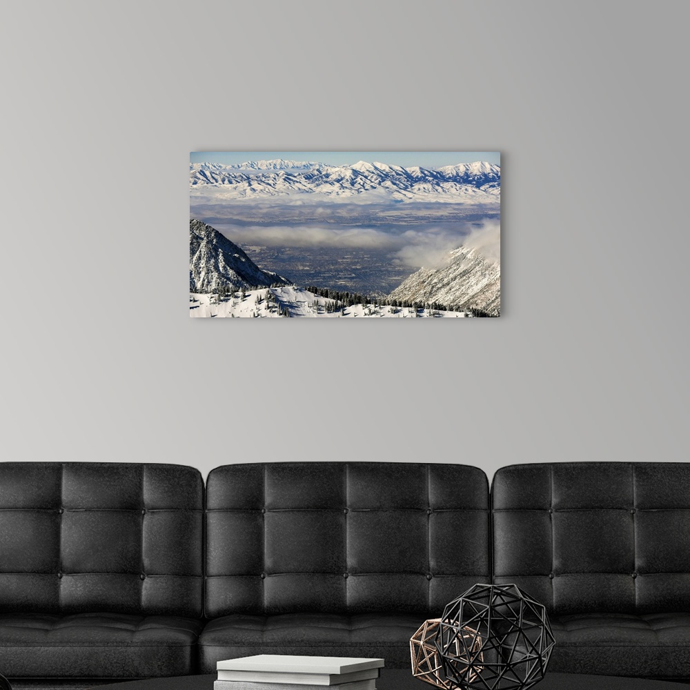 A modern room featuring Aerial view of Salt Lake City from the Wasatch Range in Utah.