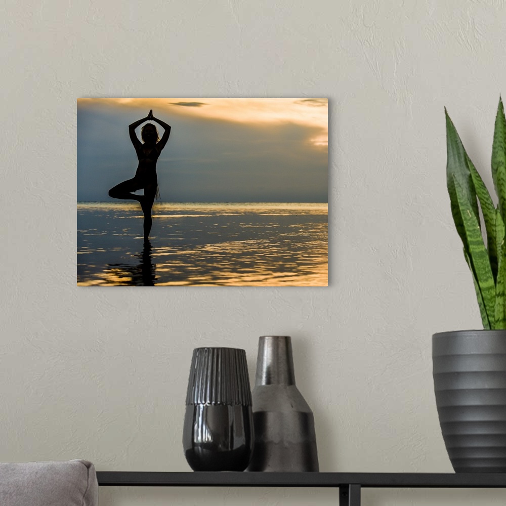 A modern room featuring A woman practicing Yoga on the beach in Belize in the morning.
