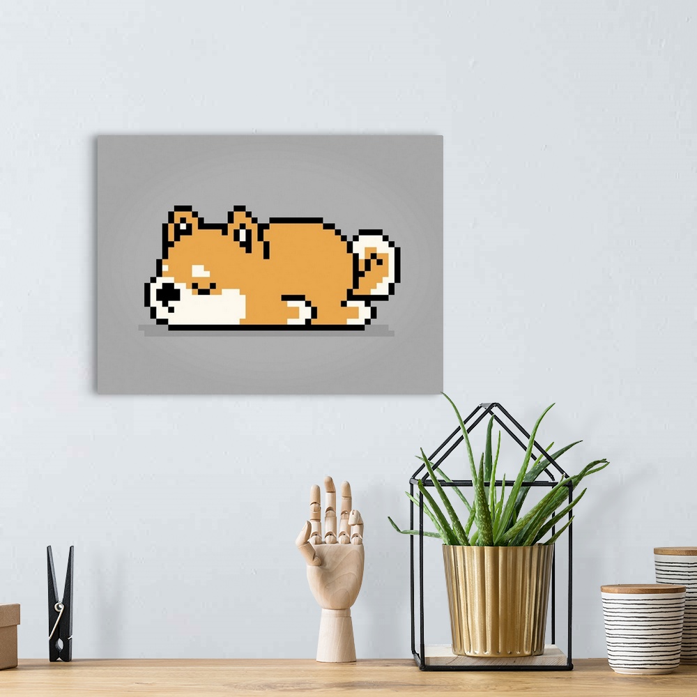 A bohemian room featuring 8-bit pixel shiba inu dog is sleeping.