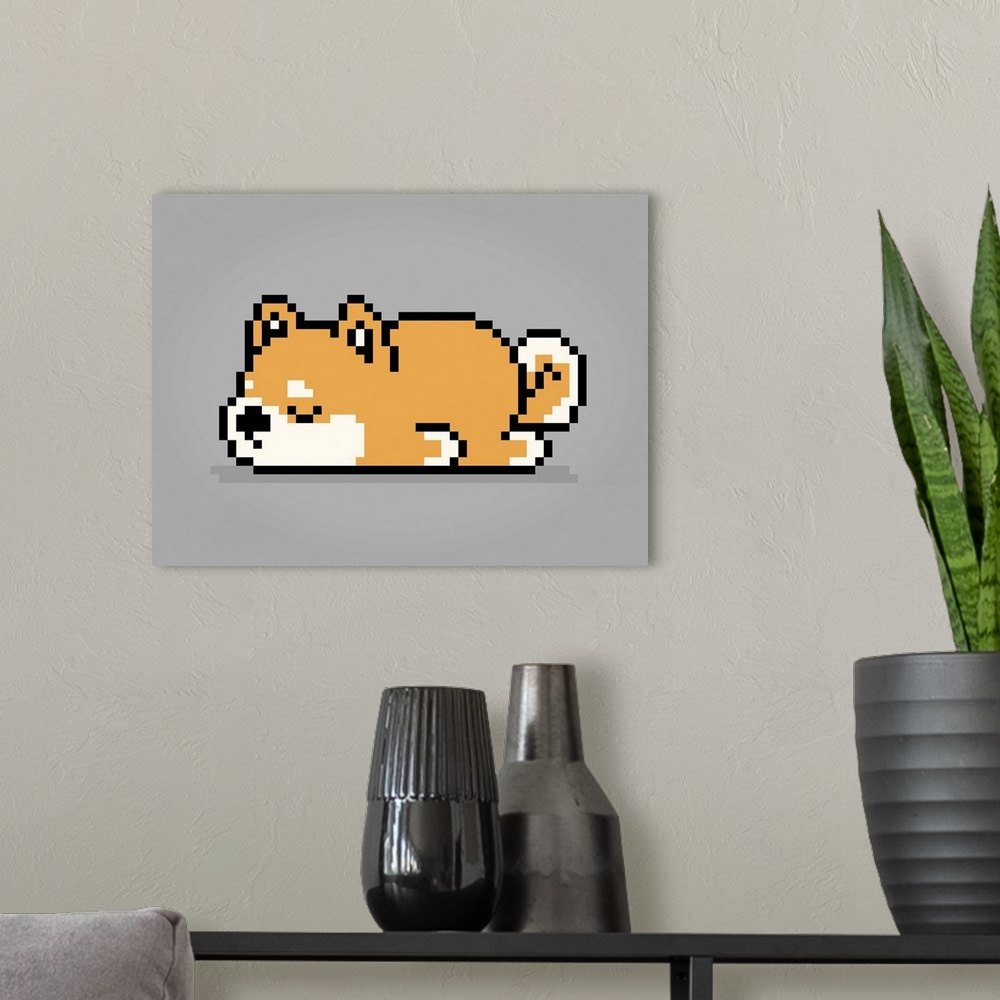 A modern room featuring 8-bit pixel shiba inu dog is sleeping.