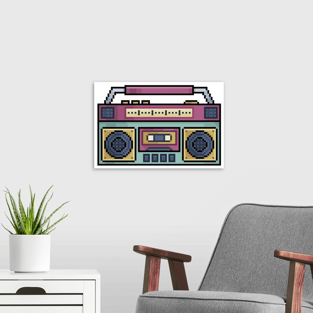 A modern room featuring Pixel art. Old radio the 80s icon on white background. Originally a vector artwork.