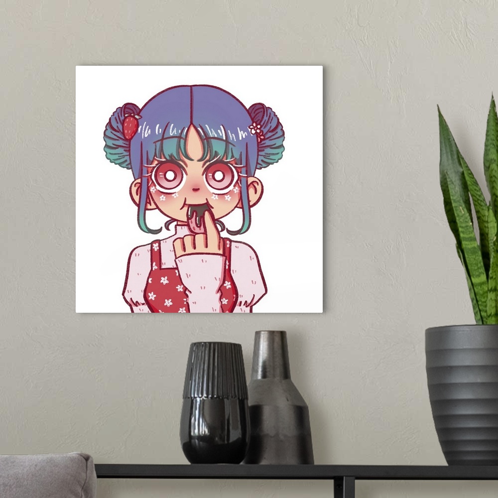 A modern room featuring Originally a fully coloured digital illustration of a girl eating strawberry.