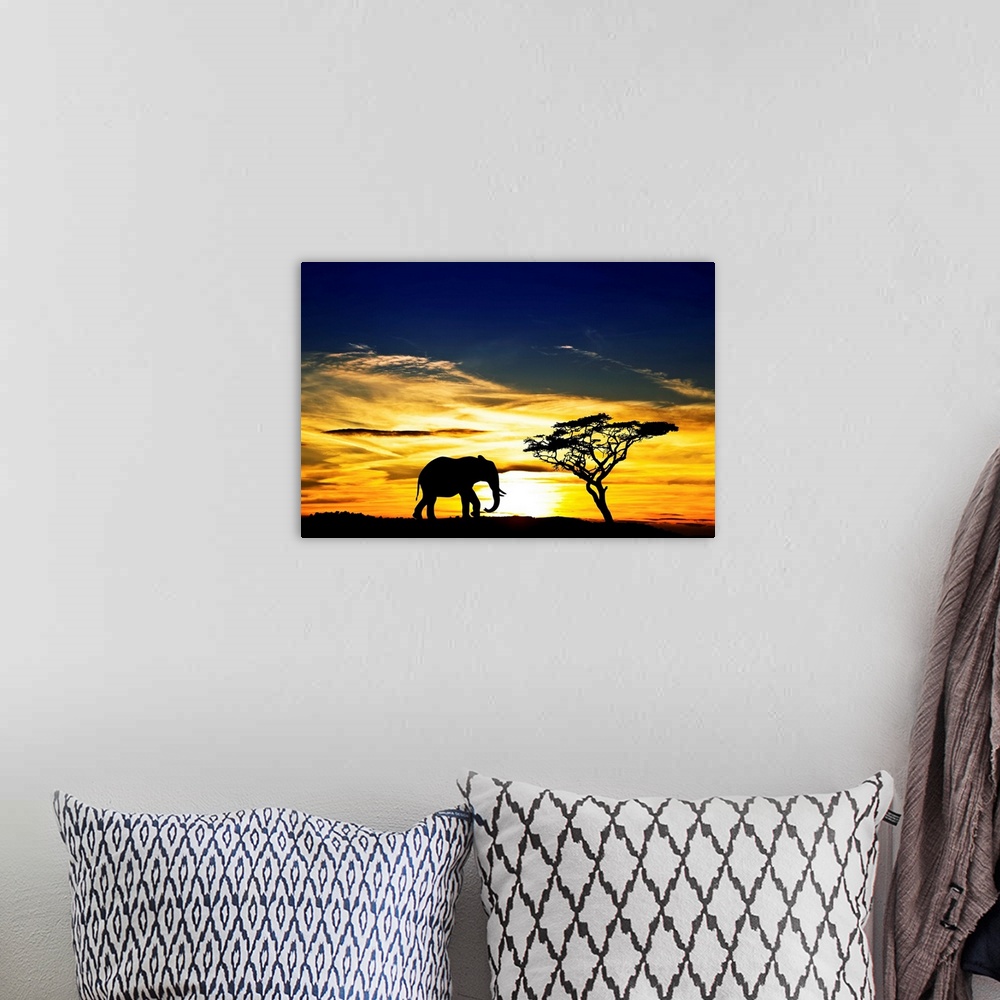 A bohemian room featuring Setting sun casts a silhouette from a lone elephant and tree in Africa.
