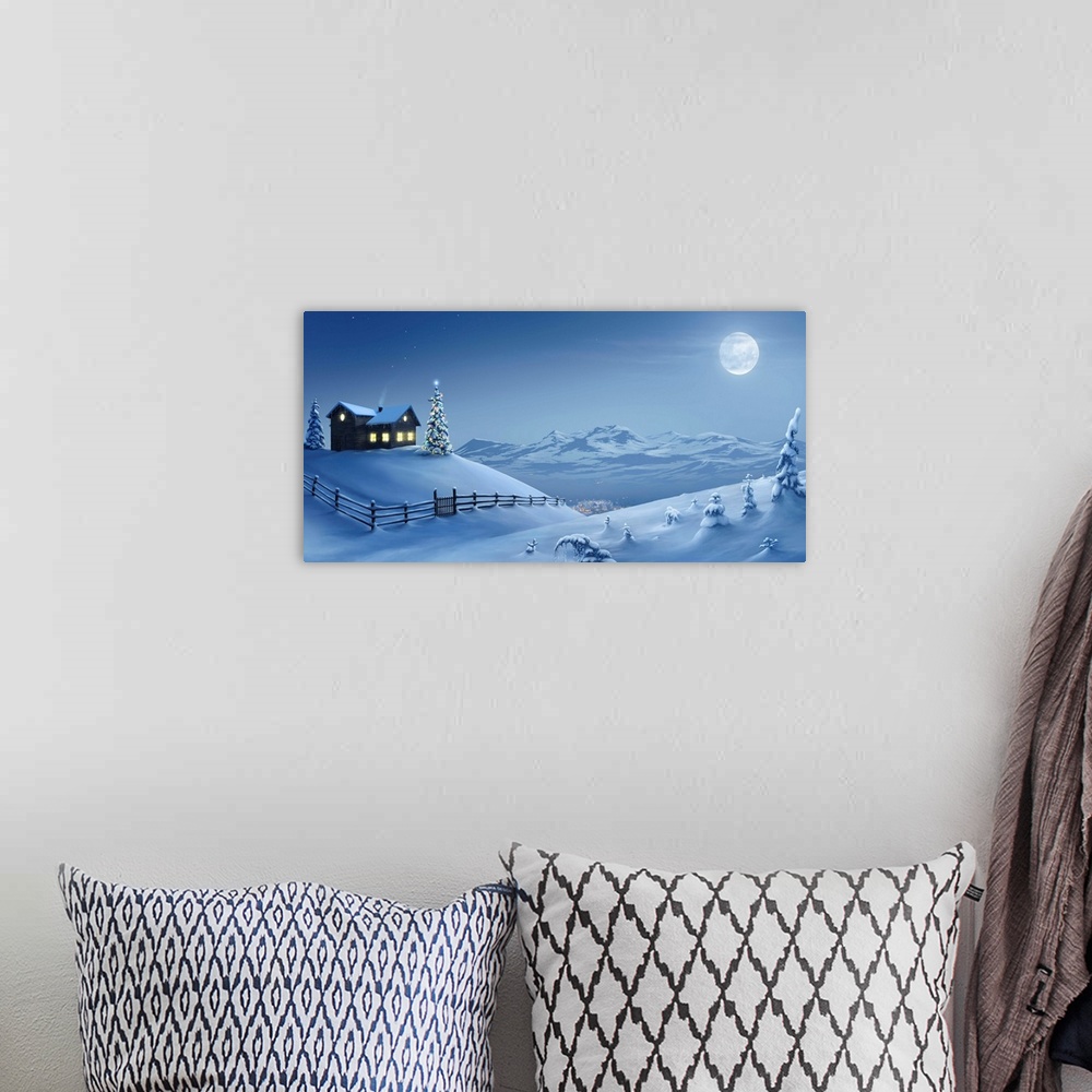 A bohemian room featuring A silent Christmas night in the snow covered mountains.