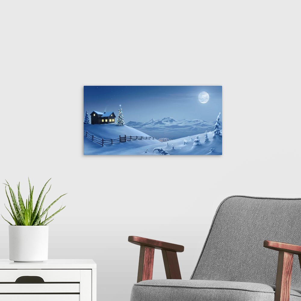 A modern room featuring A silent Christmas night in the snow covered mountains.