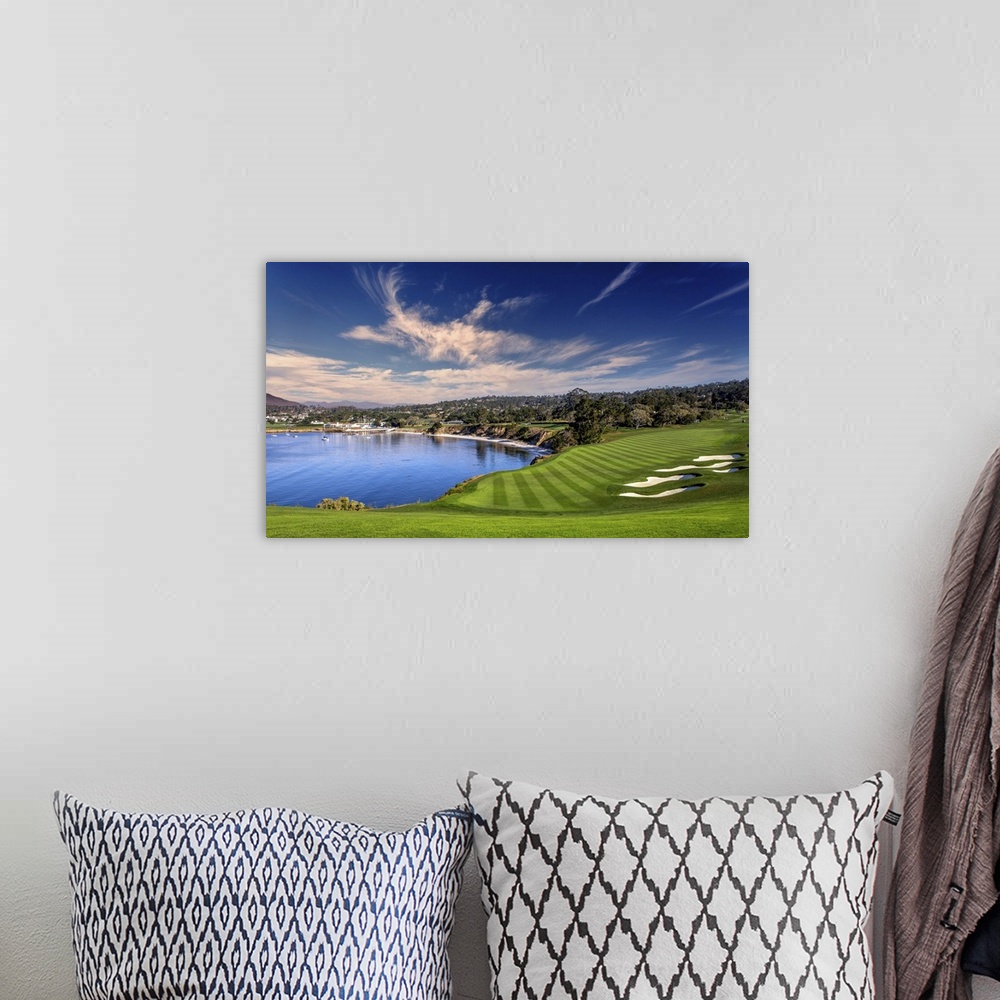 A bohemian room featuring A view of Pebble Beach golf course, Hole 6, Monterey, California.