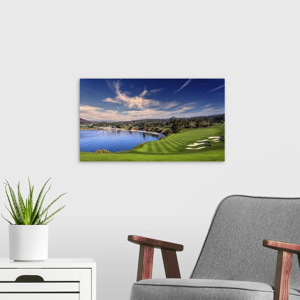 A modern room featuring A view of Pebble Beach golf course, Hole 6, Monterey, California.