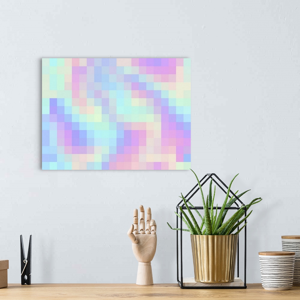 A bohemian room featuring Abstract rainbow in a pixel style. Colorful pattern in tie dye style.