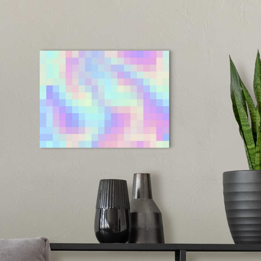 A modern room featuring Abstract rainbow in a pixel style. Colorful pattern in tie dye style.