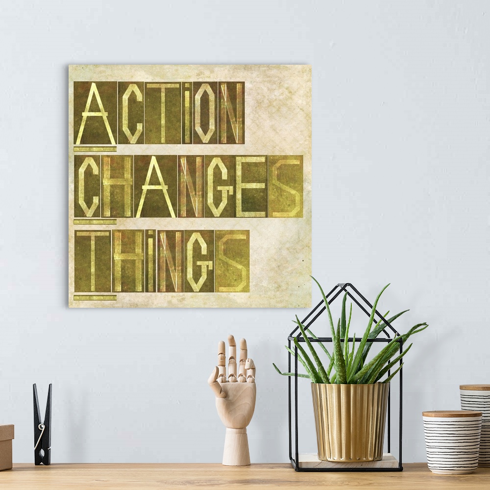A bohemian room featuring Earthy background image and design element depicting the words "Action changes things"