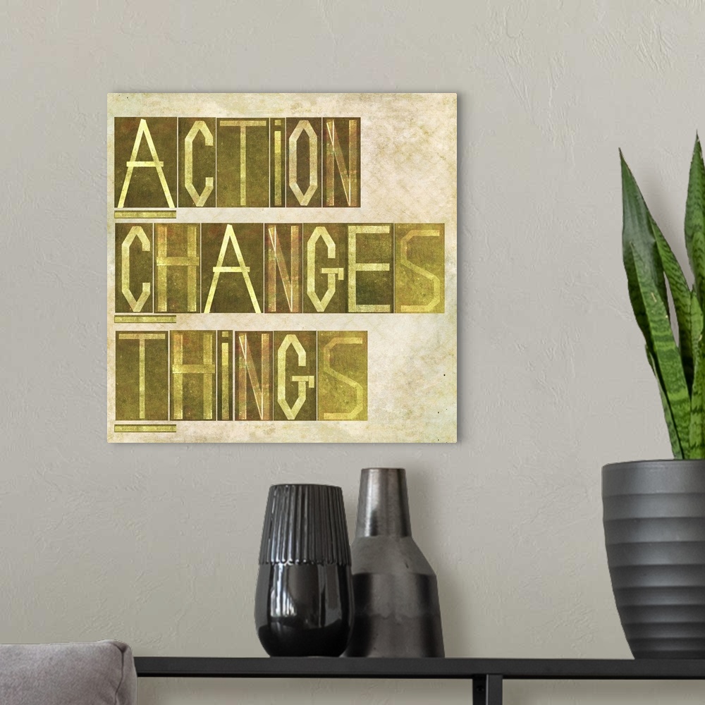 A modern room featuring Earthy background image and design element depicting the words "Action changes things"