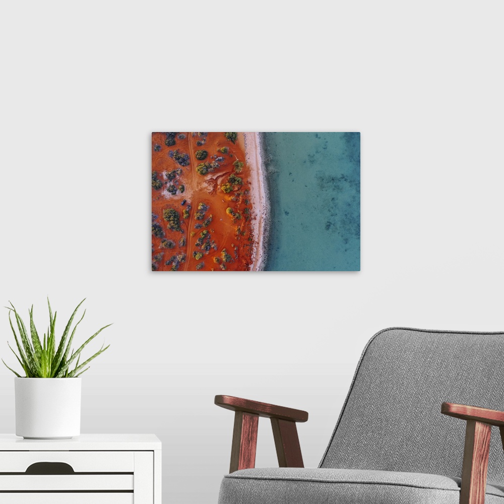 A modern room featuring Aerial Image Of Red Western Australian Mainland Contrasiting With Turquoise Water
