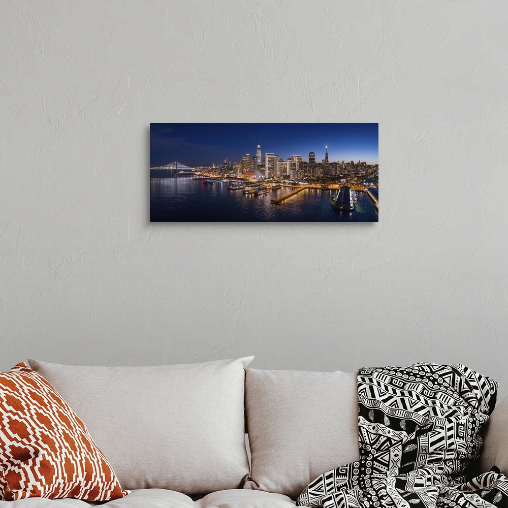 A bohemian room featuring Aerial Panoramic View Of San Francisco At Dusk With Holiday City Lights, California