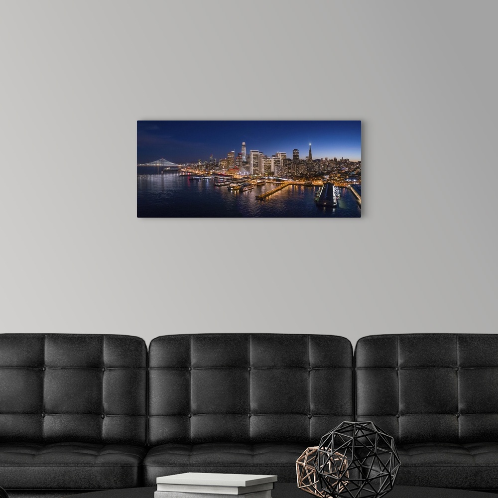 A modern room featuring Aerial Panoramic View Of San Francisco At Dusk With Holiday City Lights, California