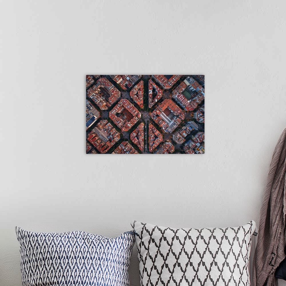 A bohemian room featuring Aerial View Of Barcelona Street With Beautiful Patterns, Spain