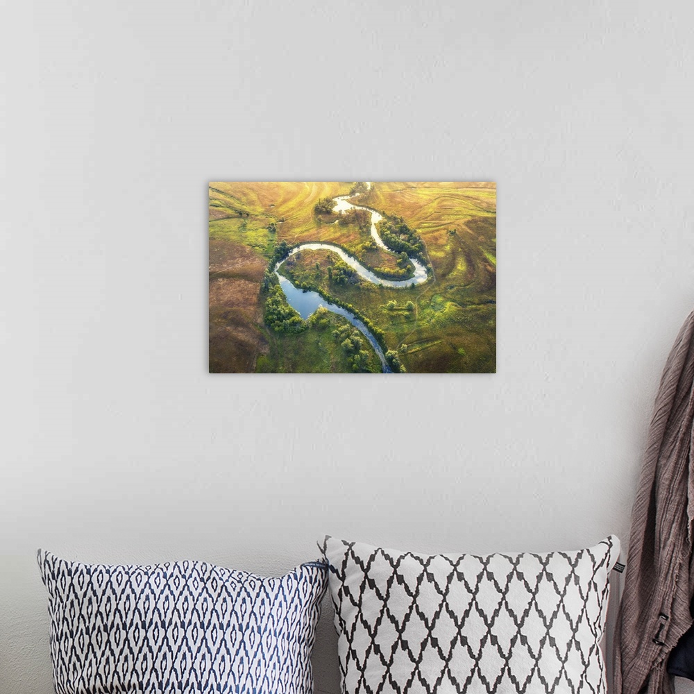 A bohemian room featuring Aerial View Of Beautiful Curving River At Sunrise In Summer