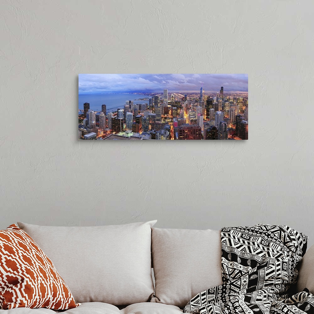 A bohemian room featuring Aerial View Of Chicago Skyline With Skyscrapers Over Lake Michigan At Dusk