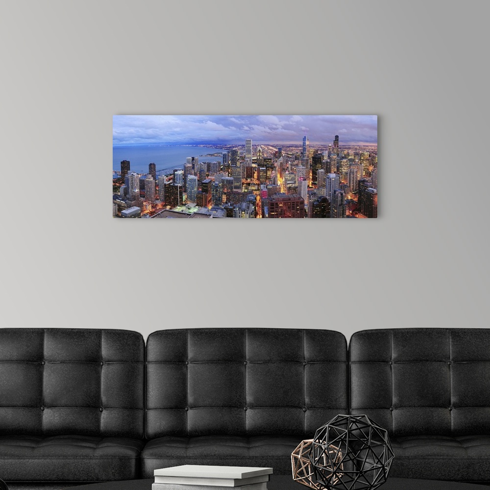 A modern room featuring Aerial View Of Chicago Skyline With Skyscrapers Over Lake Michigan At Dusk