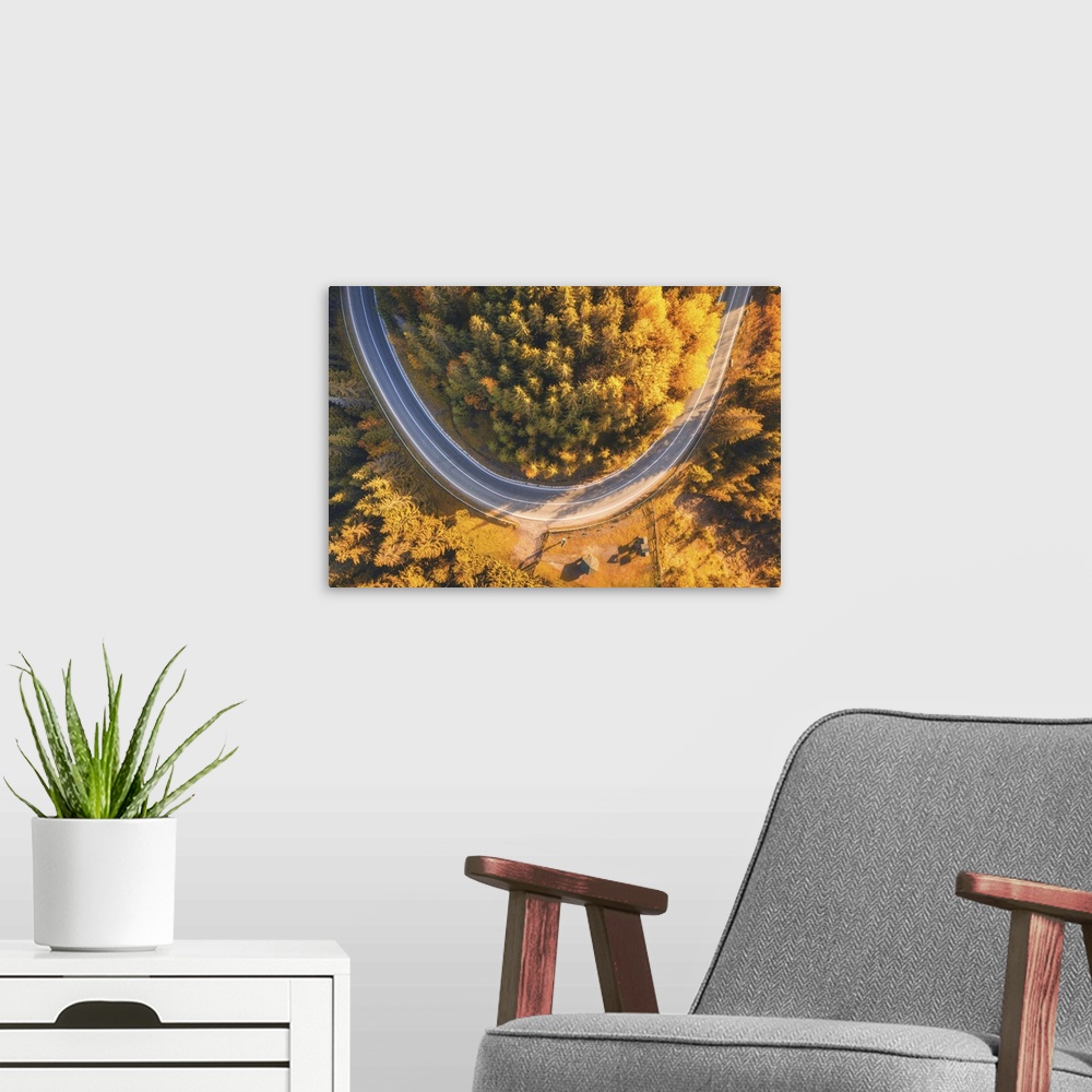 A modern room featuring Aerial View Of Mountain Road In Beautiful Forest At Sunset In Autumn