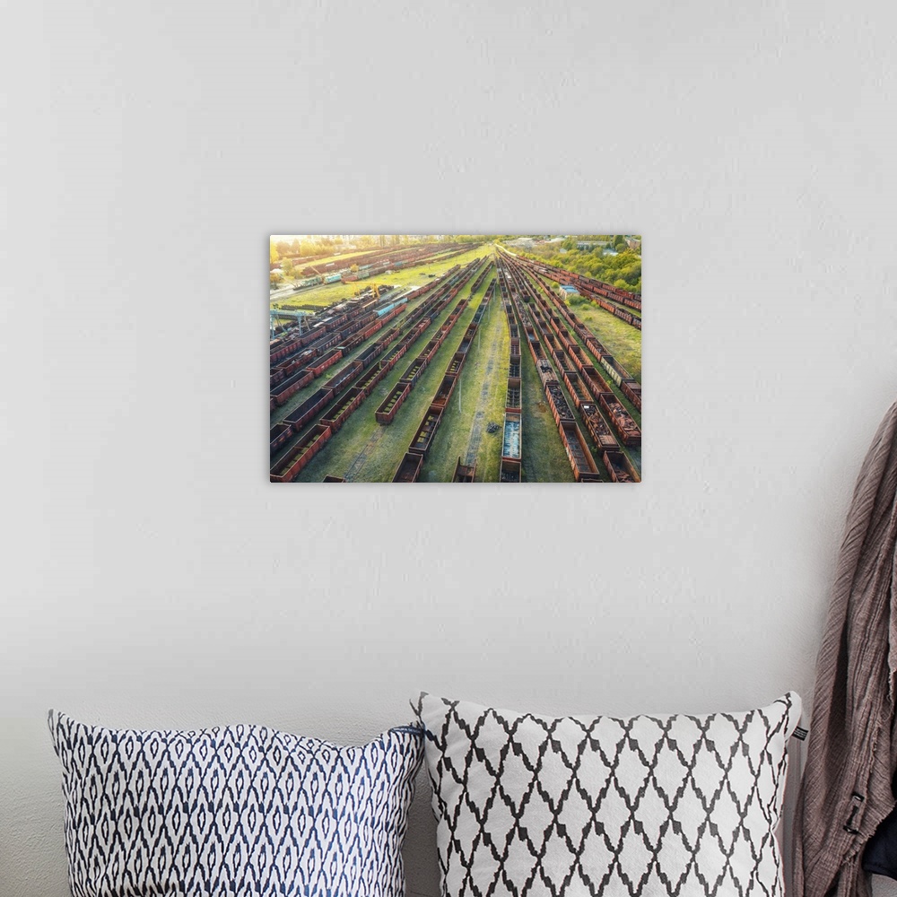A bohemian room featuring Aerial View Of Old, Rusty, Freight Trains On A Railroad