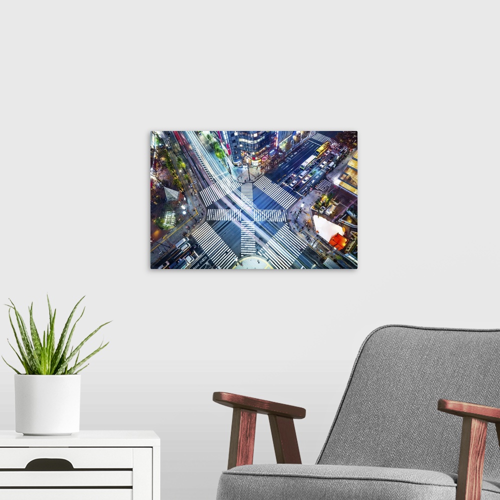 A modern room featuring Aerial View Of Panoramic Urban City With Crosstown Traffic In Ginza, Tokyo, Japan