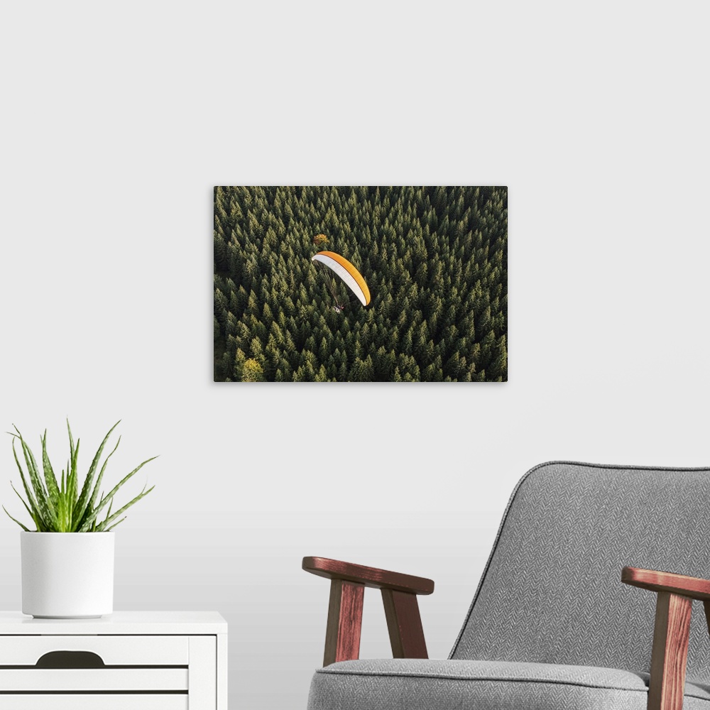 A modern room featuring Aerial View Of Paramotor Flying Over The Forest In Poland