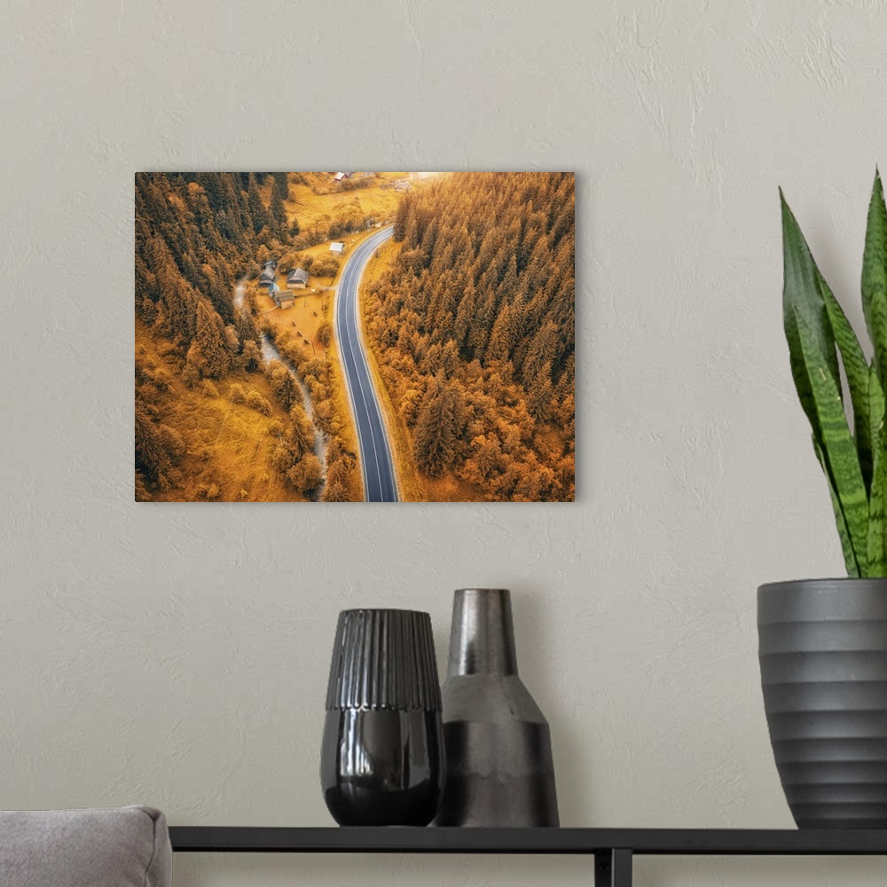 A modern room featuring Aerial View Of Road In Beautiful Orange Forest At Sunset In Autumn, Carpathian Mountains