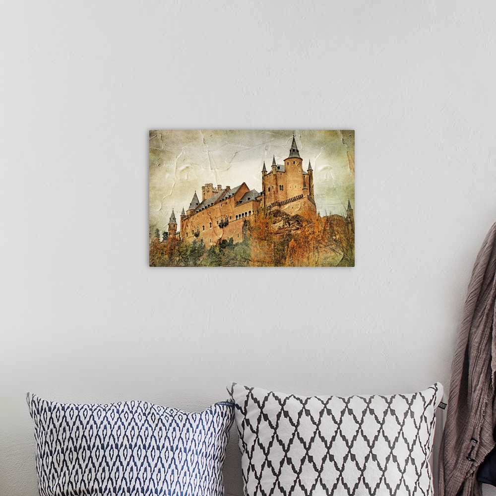 A bohemian room featuring medieval castle Alcazar, Segovia,Spain- picture in paintig style