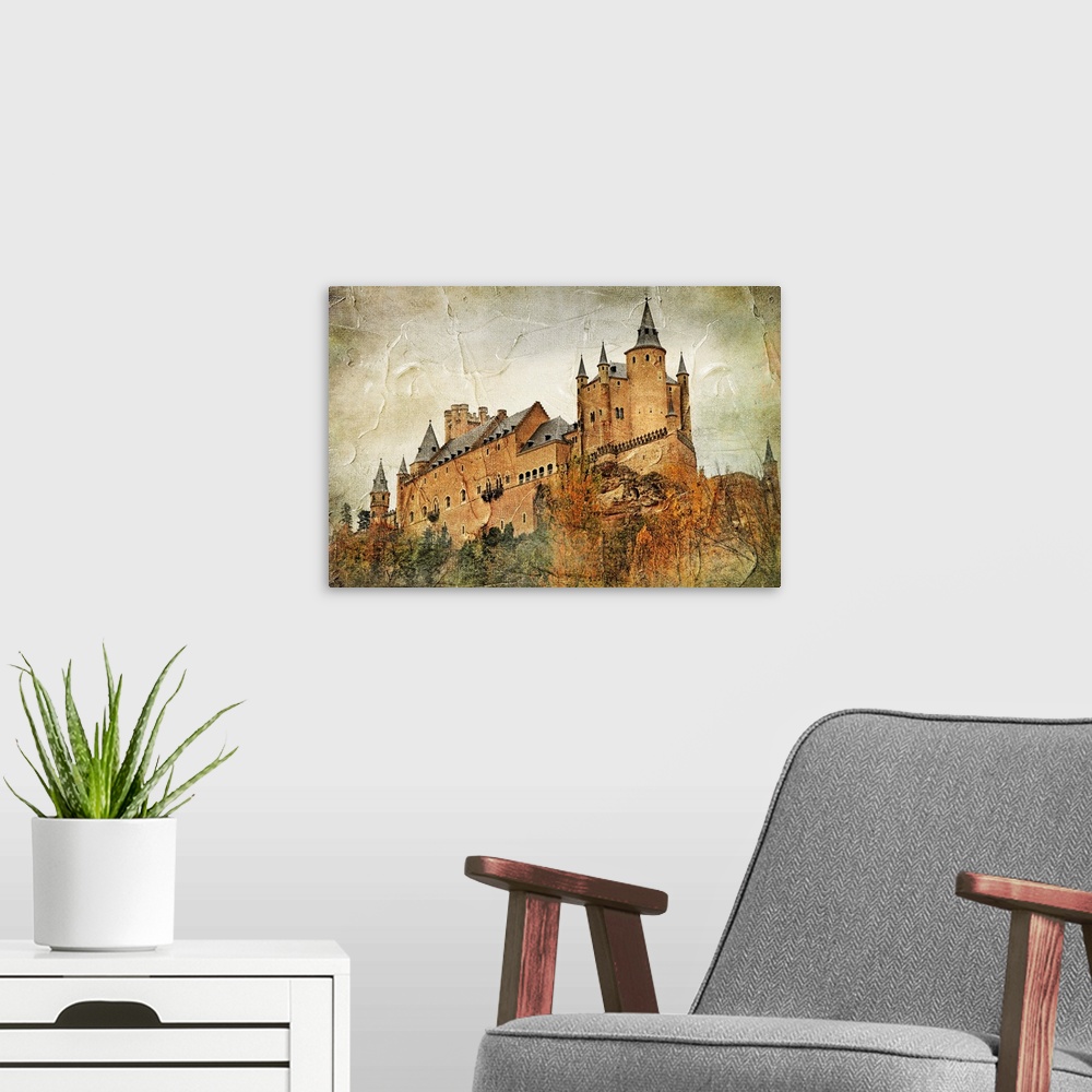 A modern room featuring medieval castle Alcazar, Segovia,Spain- picture in paintig style