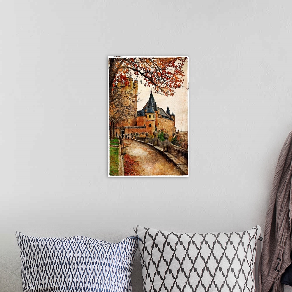 A bohemian room featuring Alcazar castle - medieval Spain painted style series