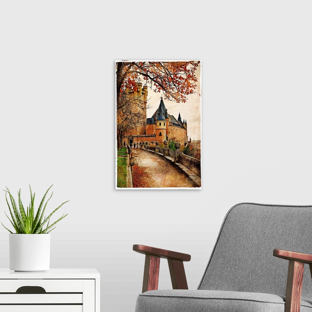 A modern room featuring Alcazar castle - medieval Spain painted style series