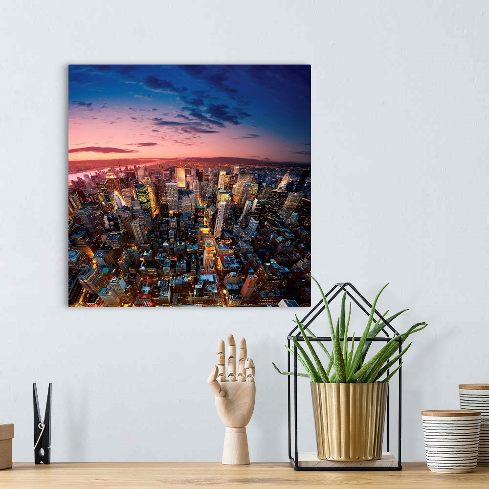 A bohemian room featuring Amazing aerial view of Manhattan at dusk, New York City.